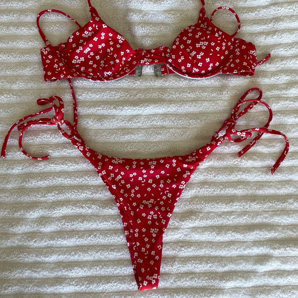Red and White Floral Bikini set